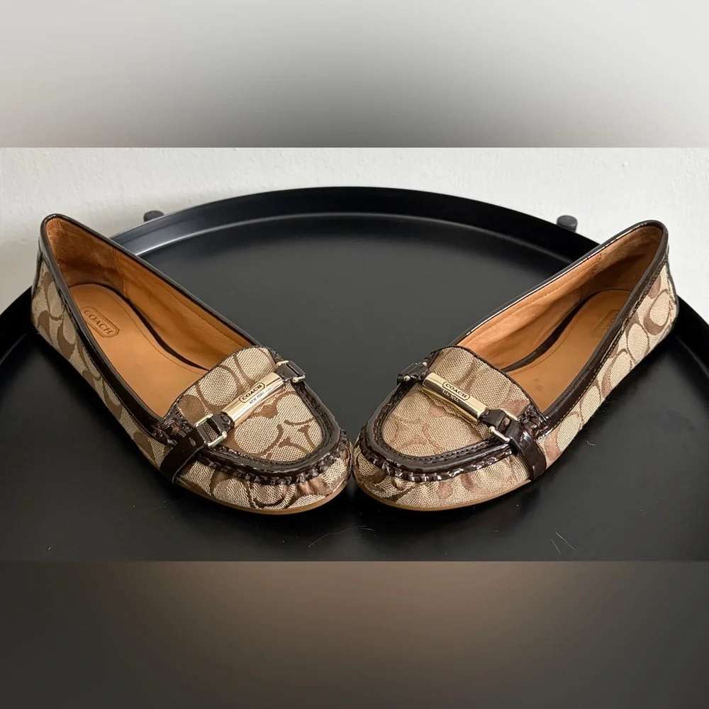 Coach Beige Signature Jacquard Loafers with Brown Patent Trim